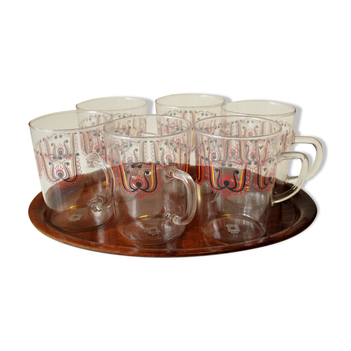 6 old tea cups on a serving tray, coming original from east germany GDR, Vintage from the 1970s