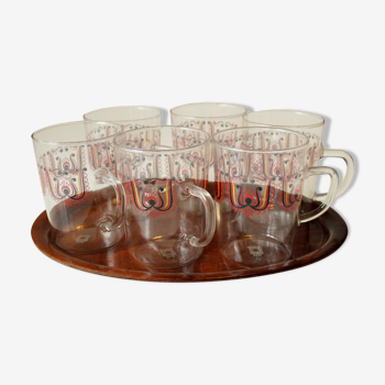 Set de 6 vieilles tasses à thé sur un plateau de service, provenant d’origine de l’Allemagne de l’Est RDA, Vintage des années 1970