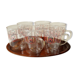 6 old tea cups on a serving tray, coming original from east germany GDR, Vintage from the 1970s