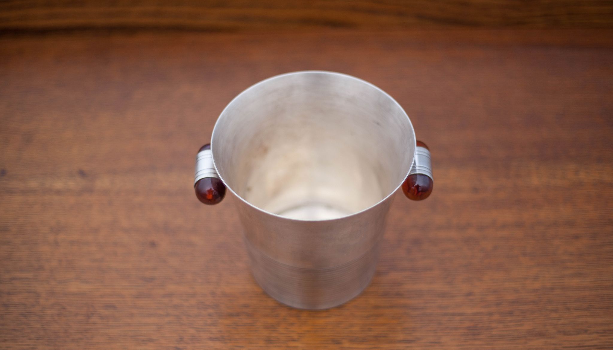 Art Deco ice bucket, silver metal ice bucket Bakelite handles