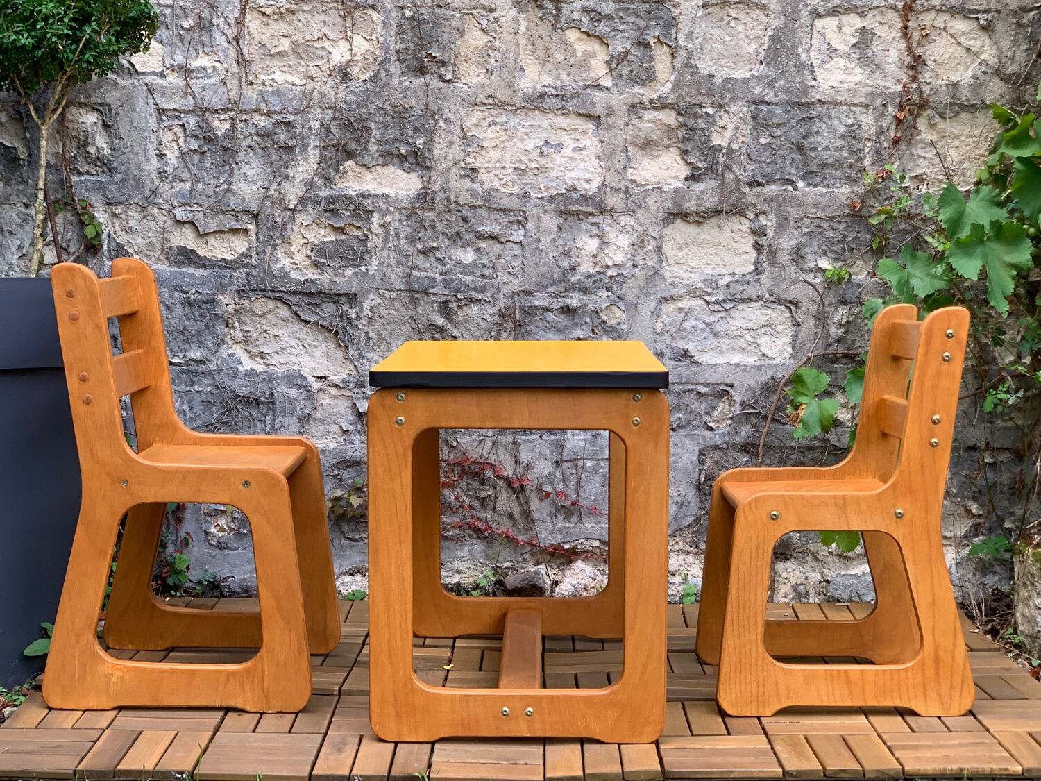 Children's wooden and formica desk and sled chairs 1970