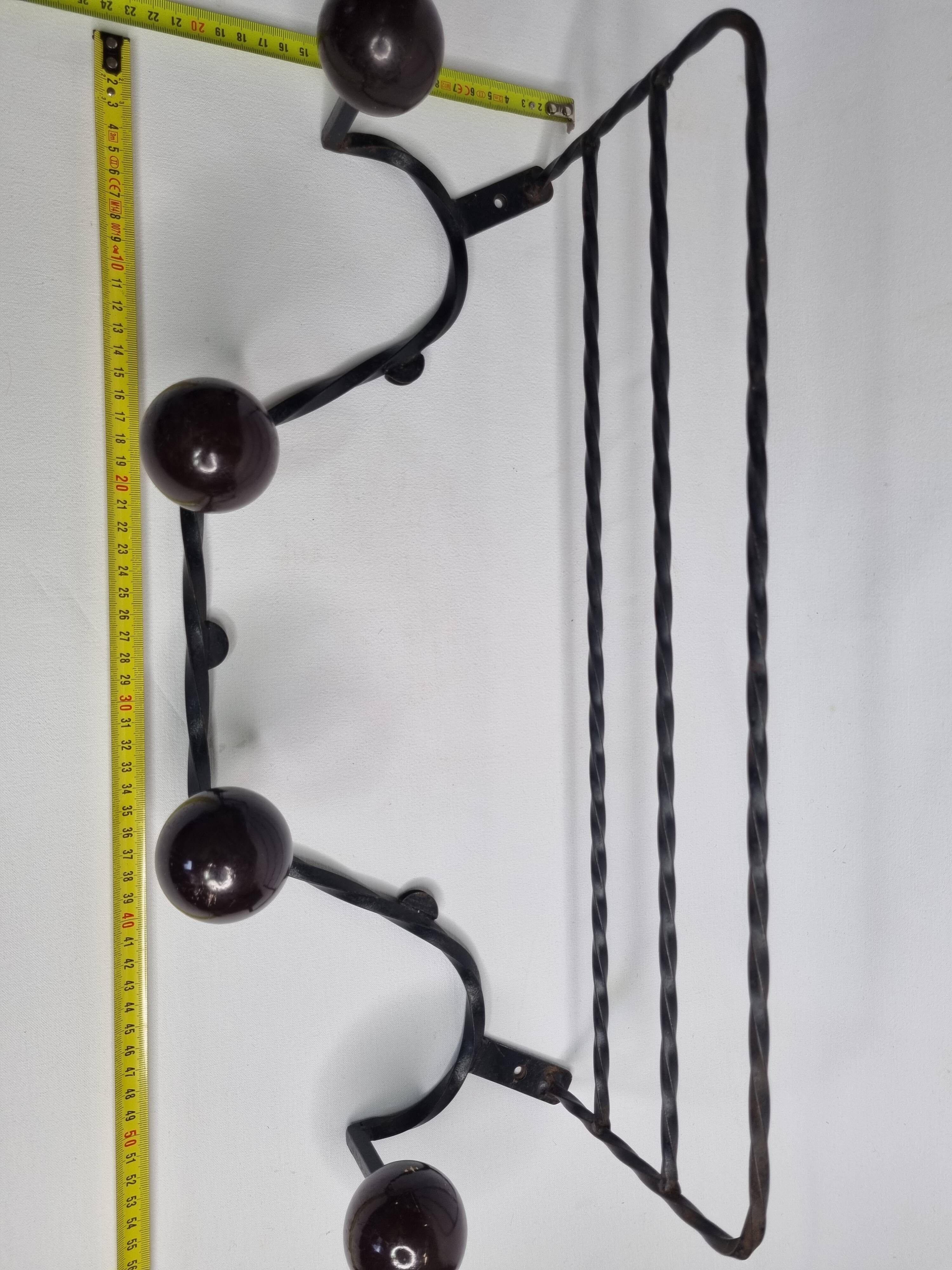 Vintage wrought iron wall coat rack with 4 hooks, 55 cm
