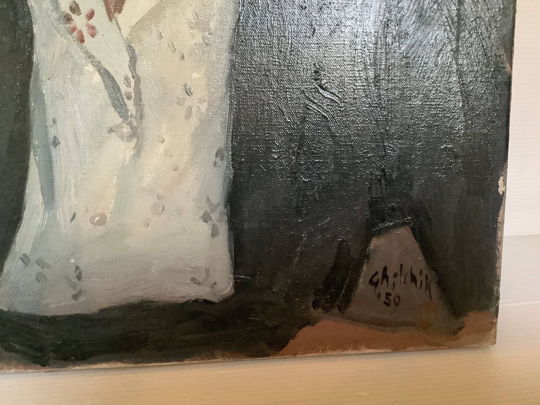 Large portrait painting of a woman, oil on canvas, signed.