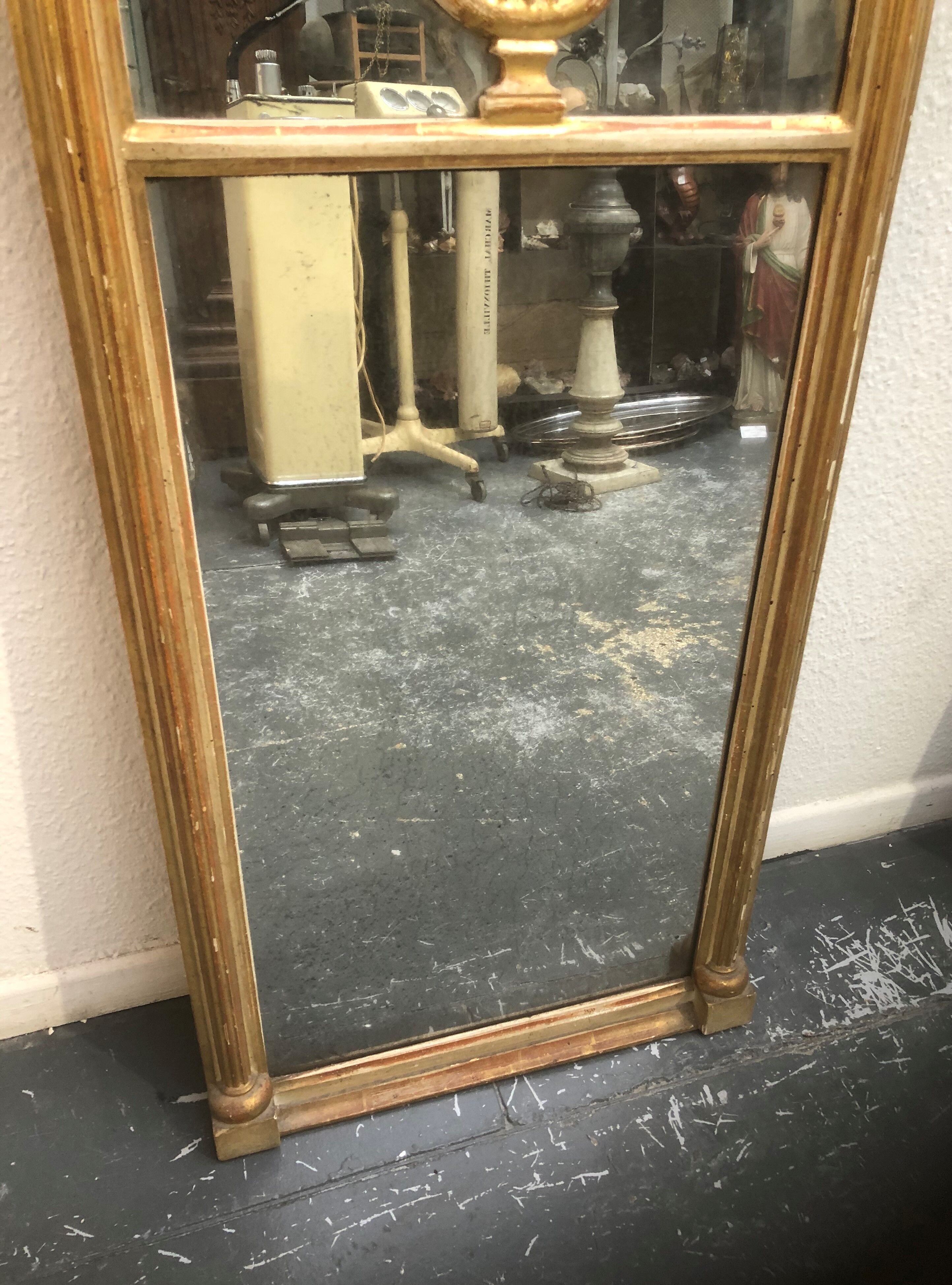 Old wooden mirror and gilded stucco 19th Style Louis XVI Trumeau Décor Columns and Lyre 52x102cm