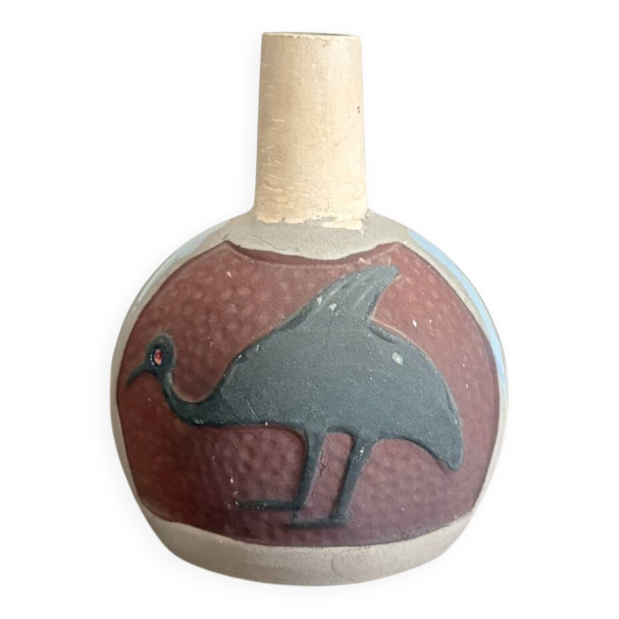 Ancien Vase Bouteille Méplate céramique Sud Américain Pré Colombien Oiseau