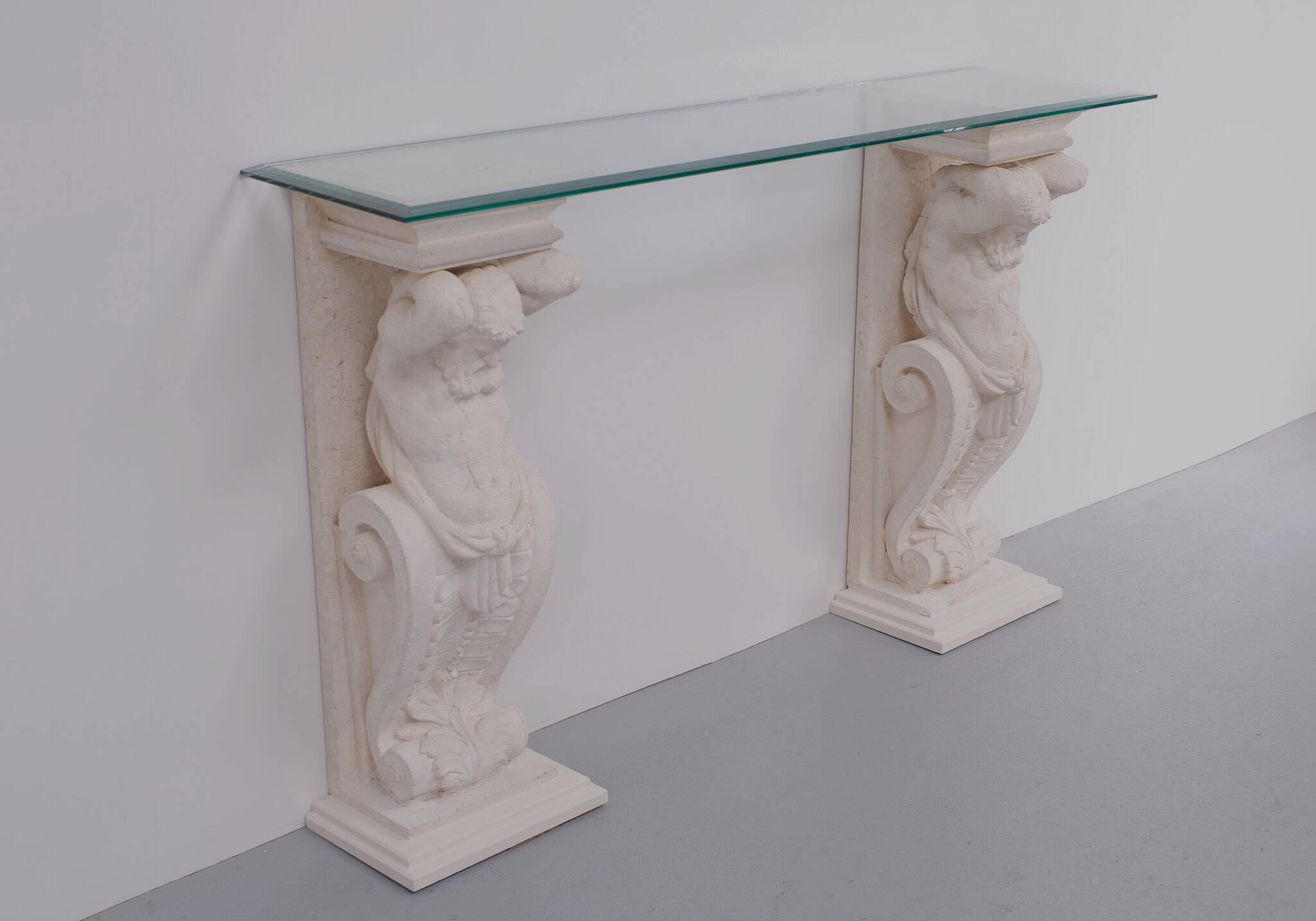 1970s Classic Greek Console Table with Cast Stone and Glass Top