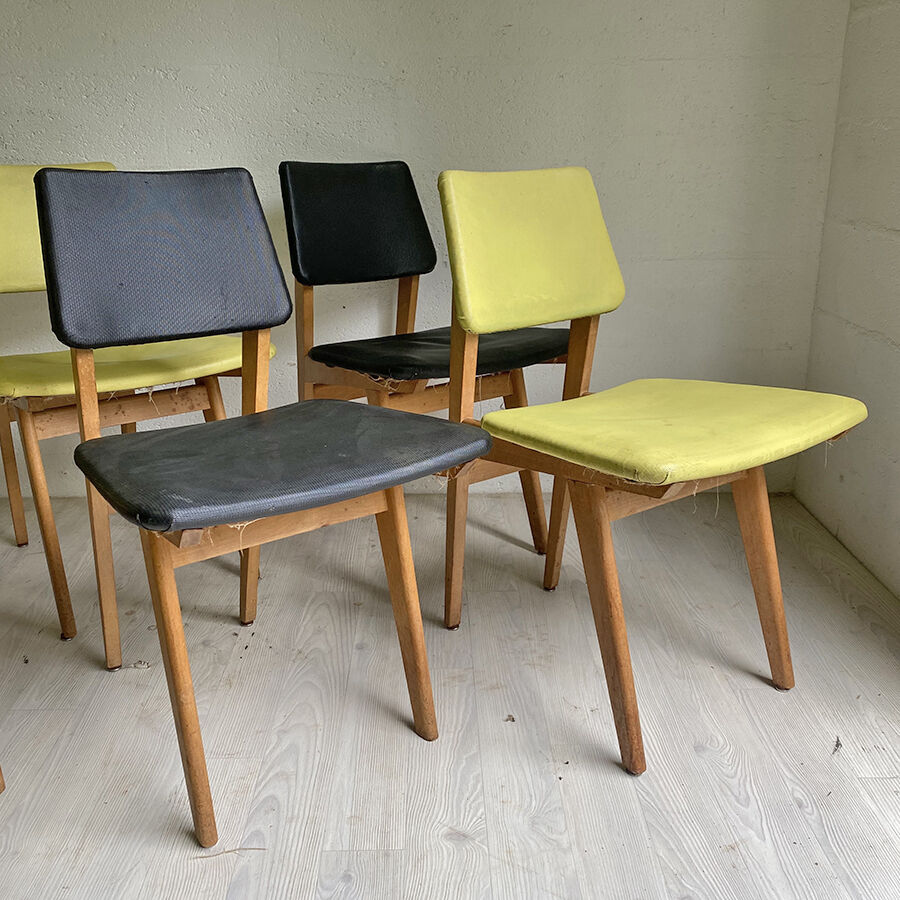 Set of 6 vintage chairs, black and green 1960