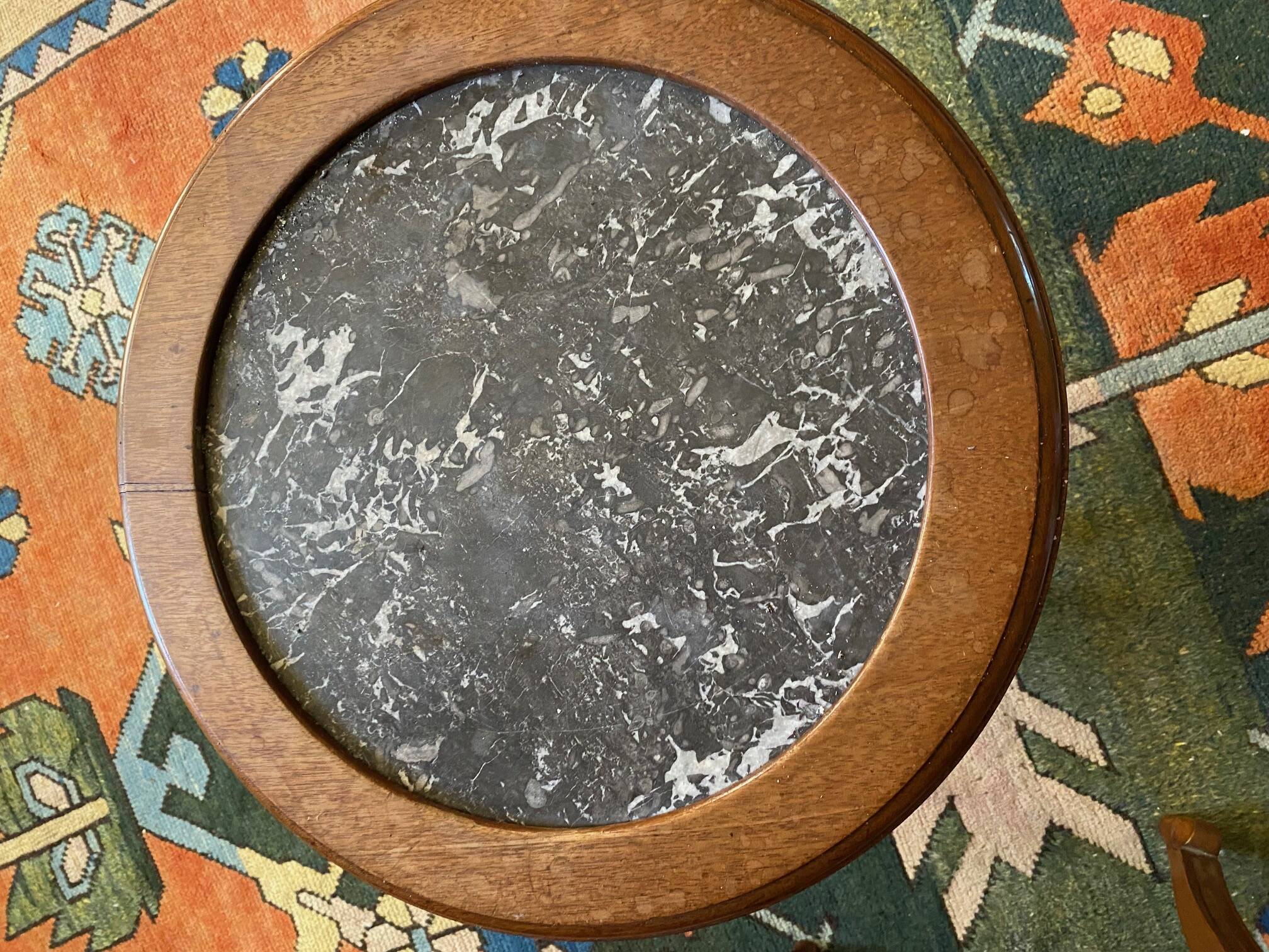 Round oak serving table with marble top