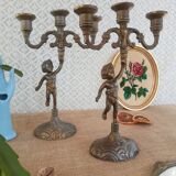 Paire de chandeliers trois branches anges chérubins en régule  - vintage