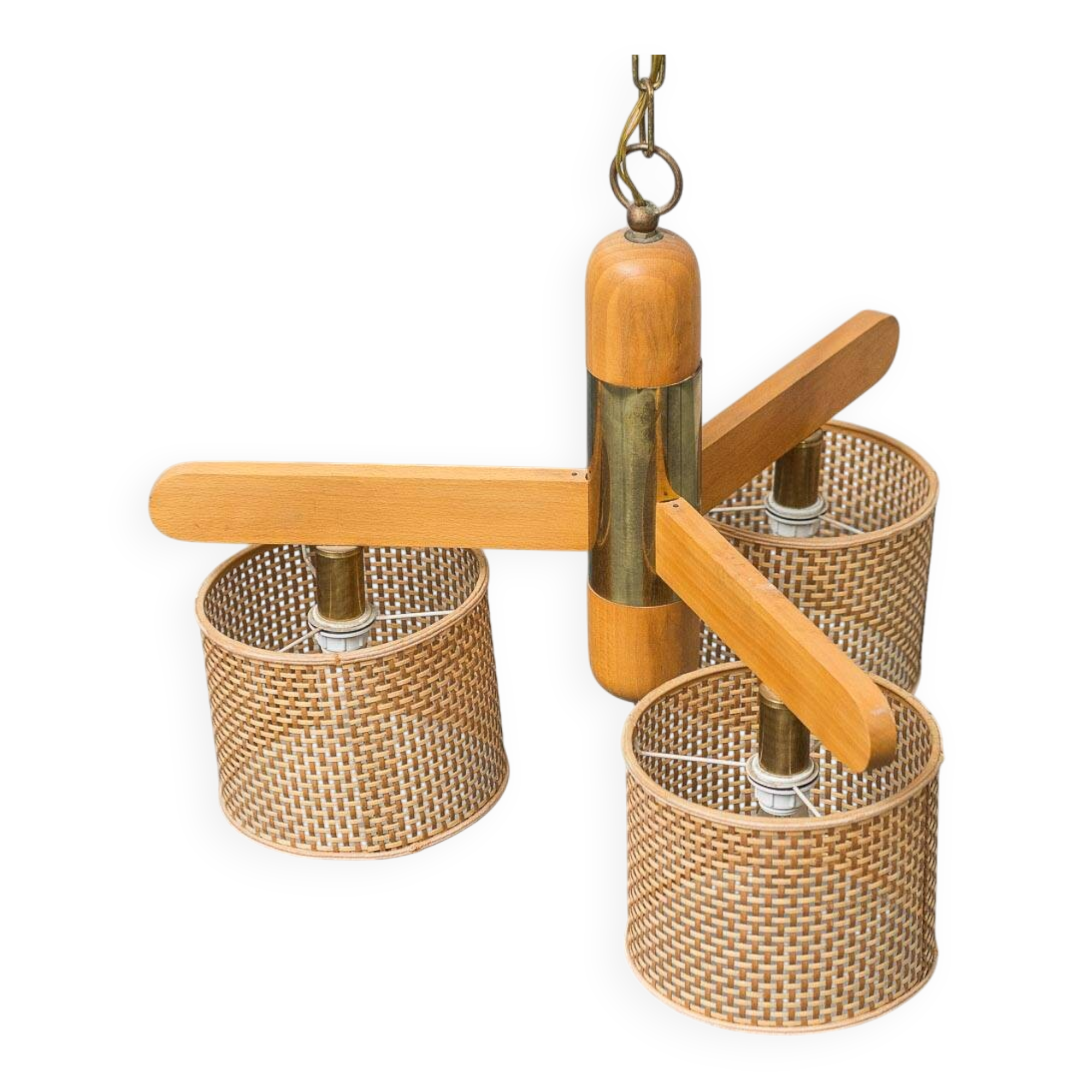 Rattan chandelier with 3 lights, 1970s vintage modernism