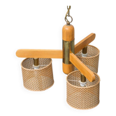 Rattan chandelier with 3 lights, 1970s vintage modernism
