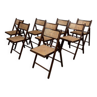 Set of 8 vintage folding chairs in wood and cane 1960