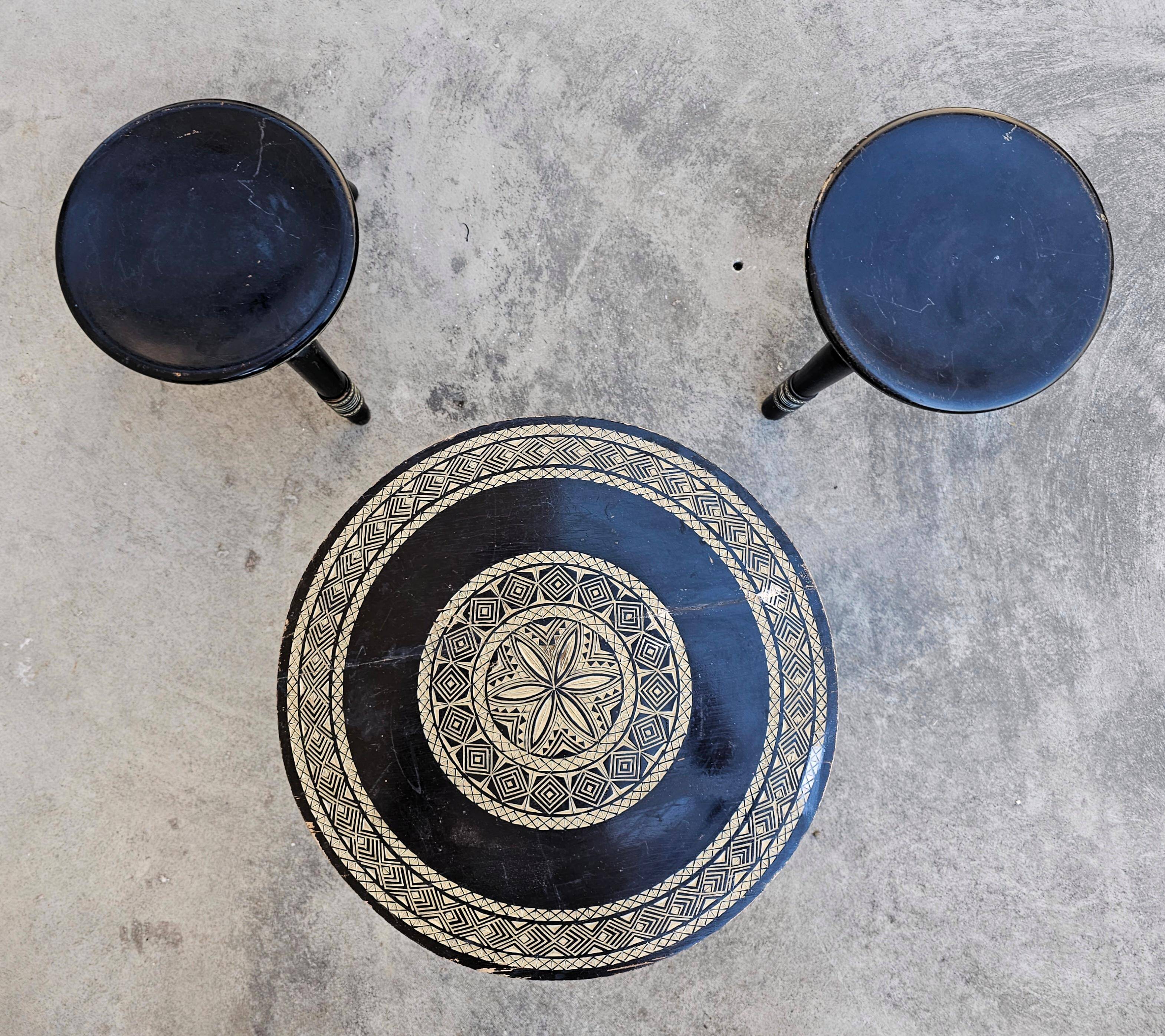 Antique hand-carved coffee table with 6 stools by Ettore Zacchari, 1900s.