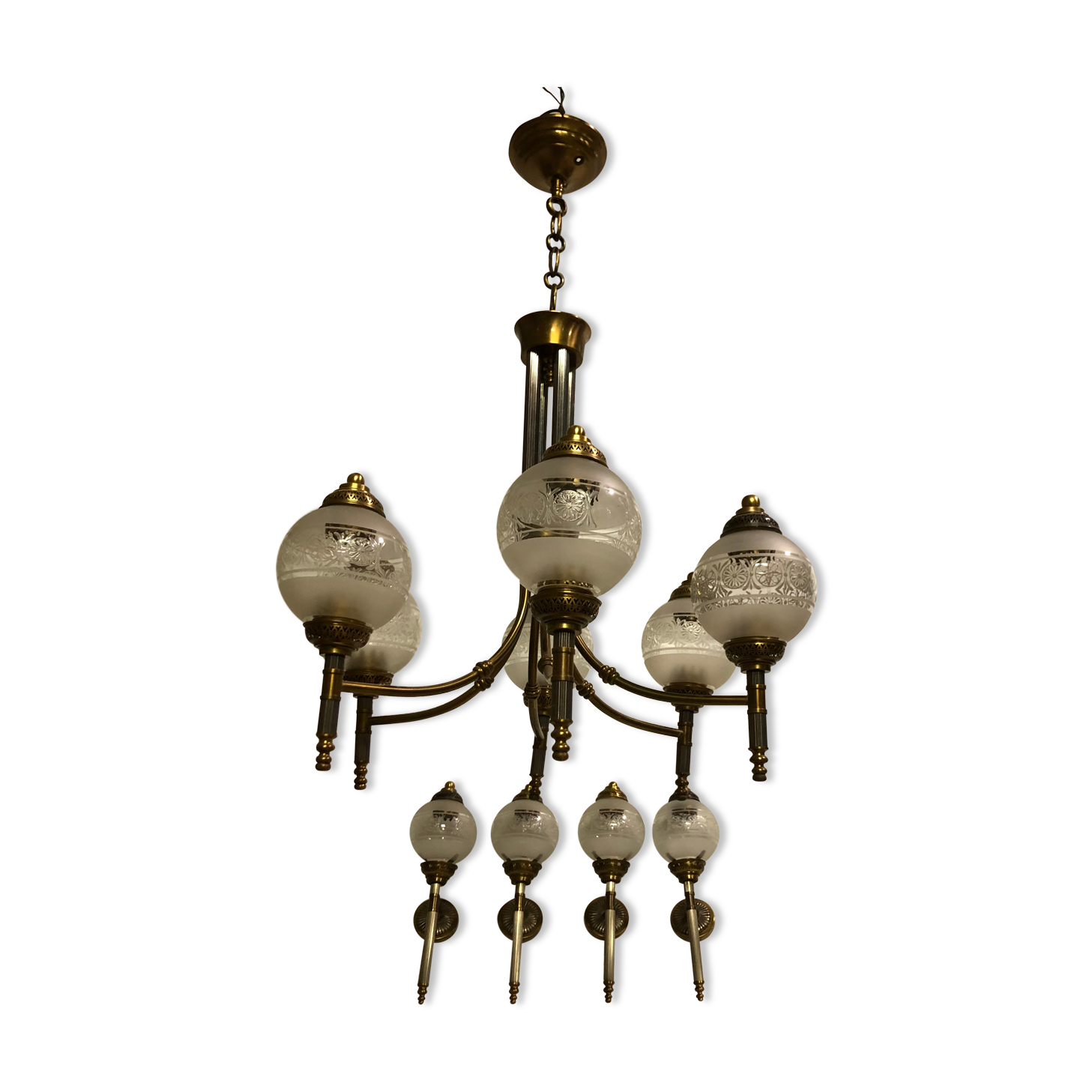 Glass and brass suspension and its vintage sconces