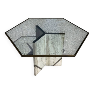 Glass/brass top dining table, travertine leg