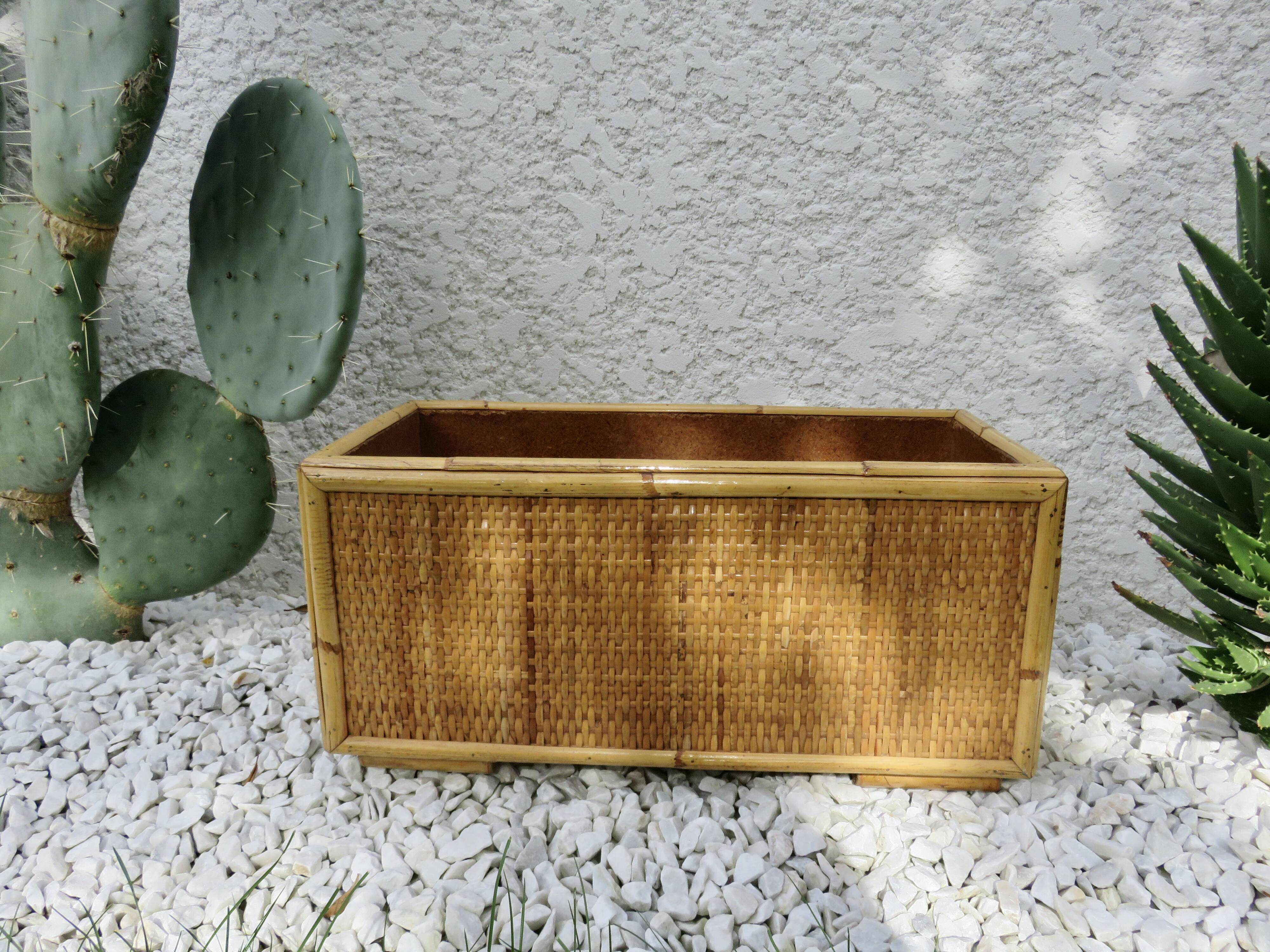 70s woven rattan and bamboo planter