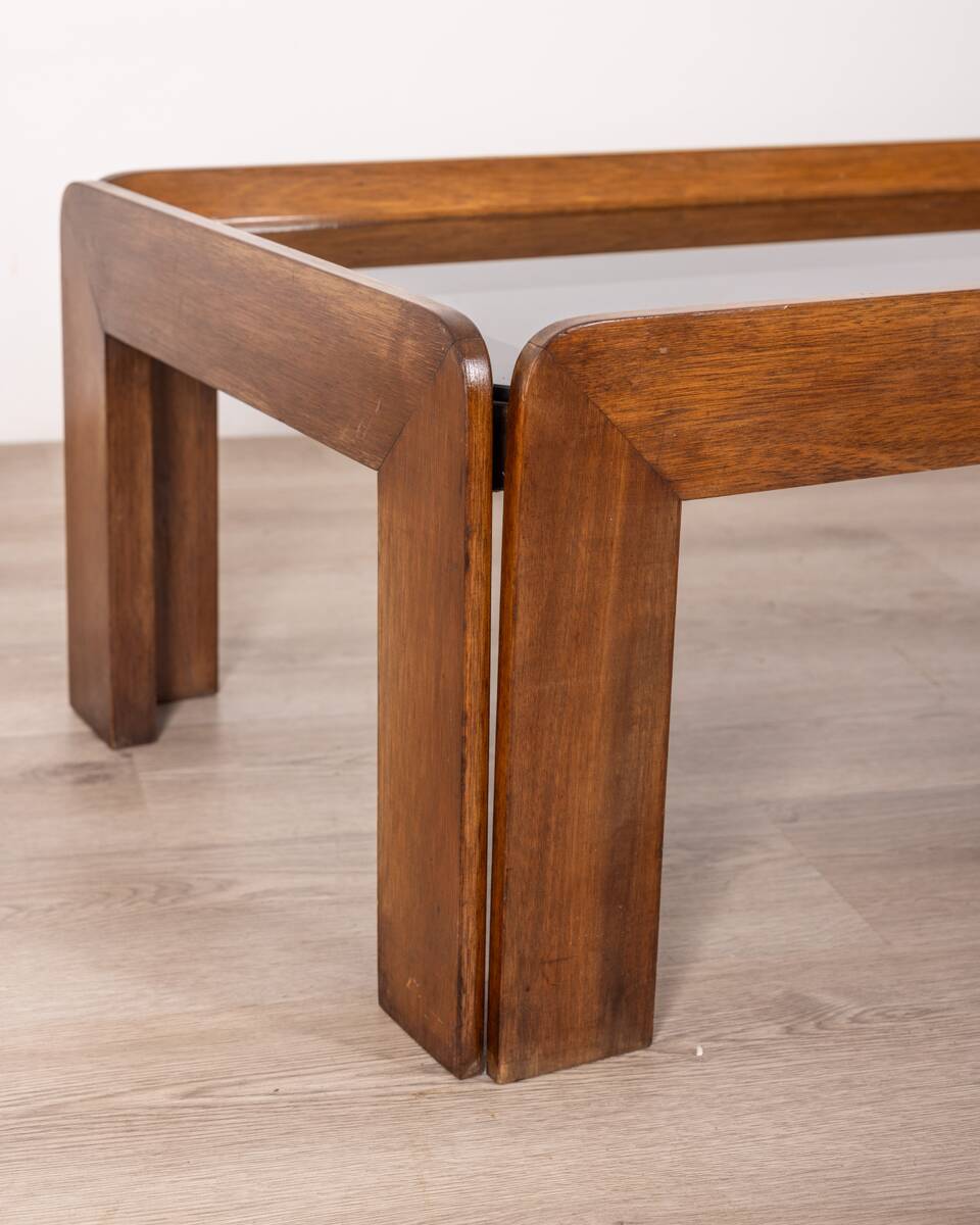 Table vintage années 70 en bois et verre design afra e tobia scarpa
