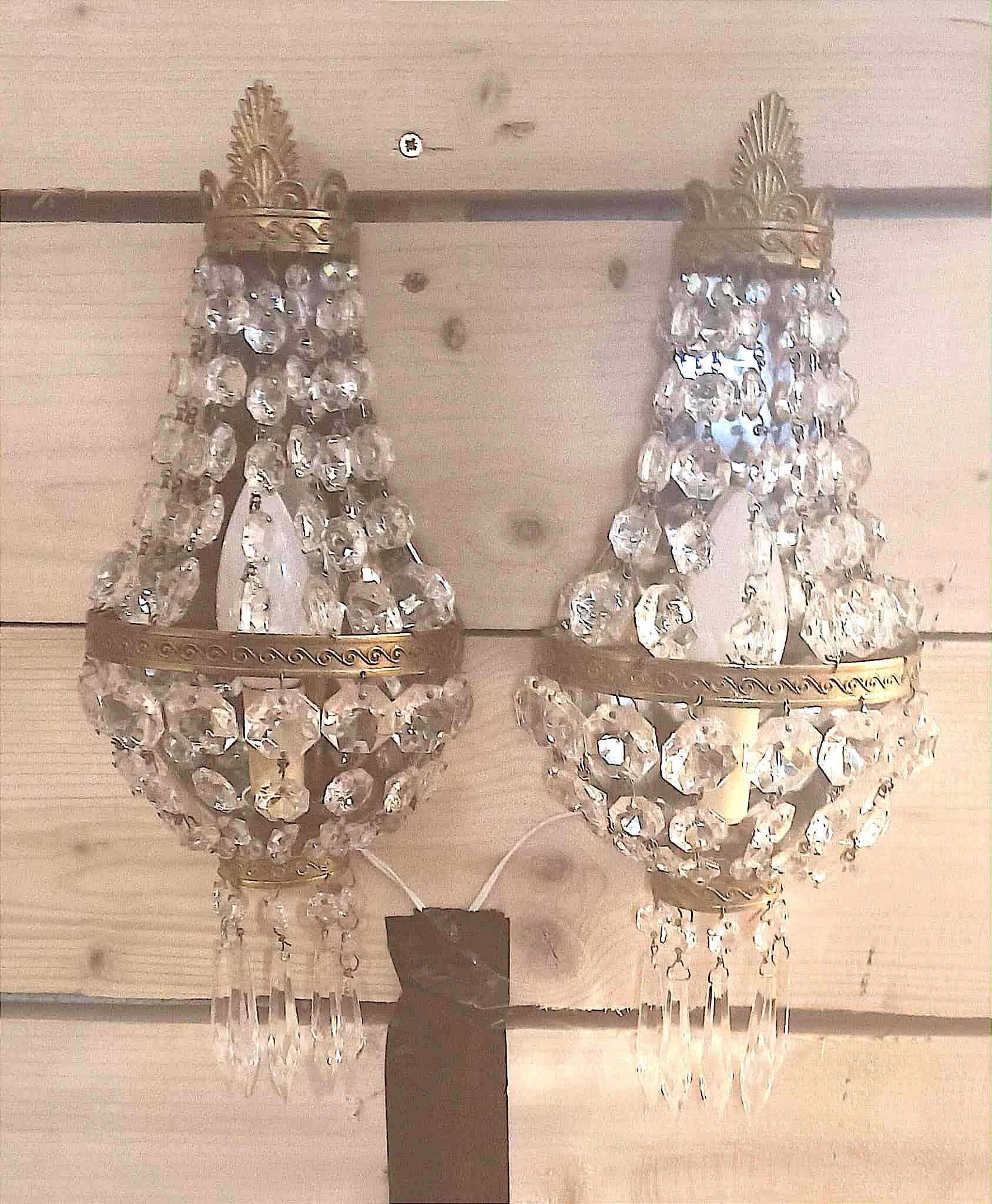 Pair of wall lights with crystal and brass tassels Height 36 cm
