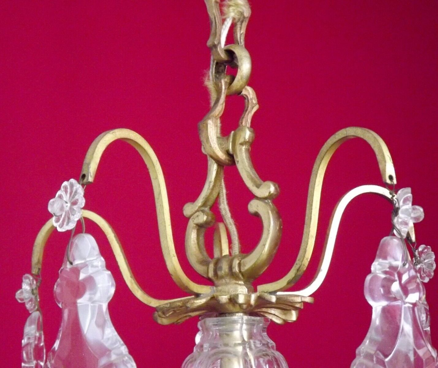 French antique 5 light brass crystal & glass acanthus leaf chandelier