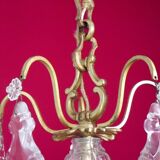 French antique 5 light brass crystal & glass acanthus leaf chandelier
