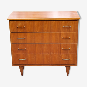 Chest of drawers from the 50s-60s in golden mahogany 4 drawers feet bobbin