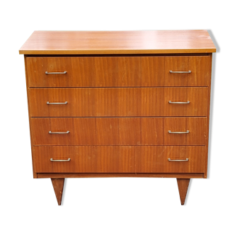 Chest of drawers from the 50s-60s in golden mahogany 4 drawers feet bobbin