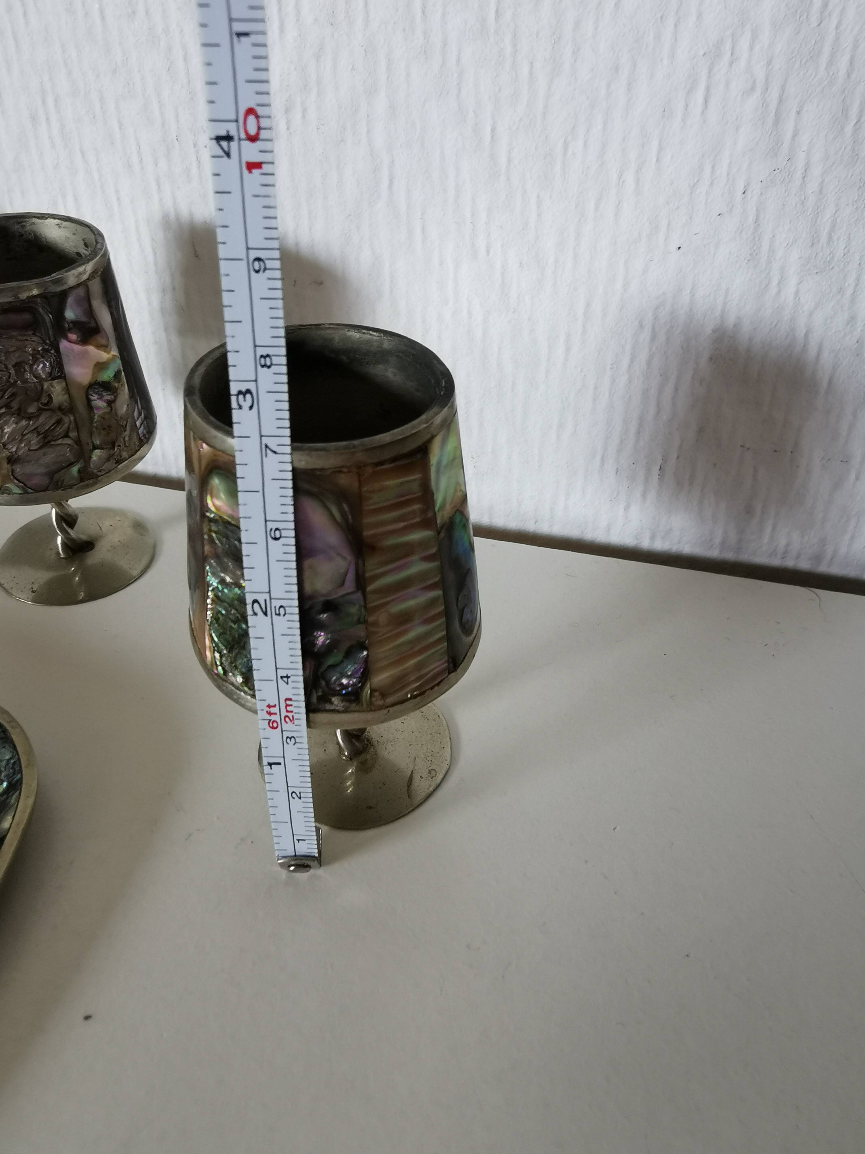 digestive service, glass and tray in silver metal Mexican abalone