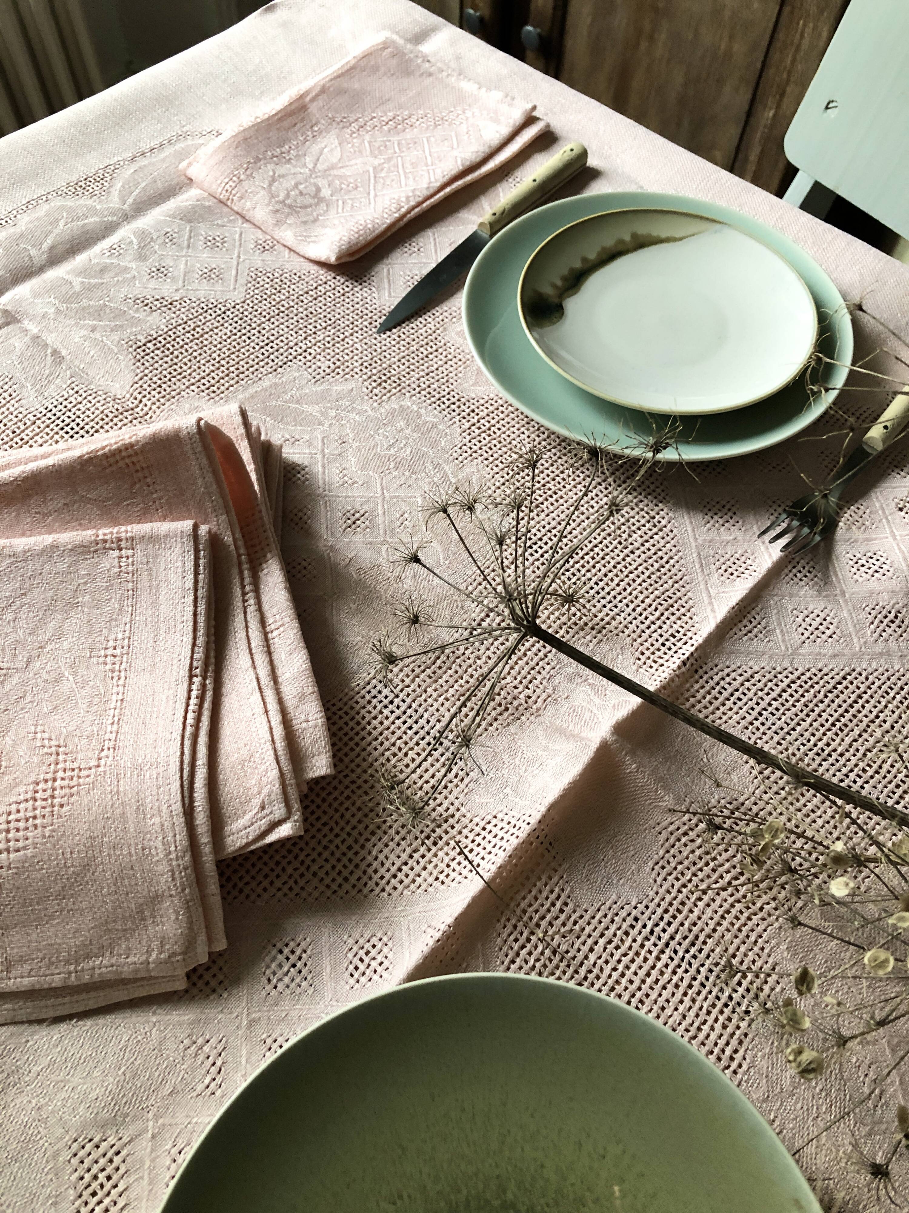 Antique tablecloth in pure linen tinted coral pink