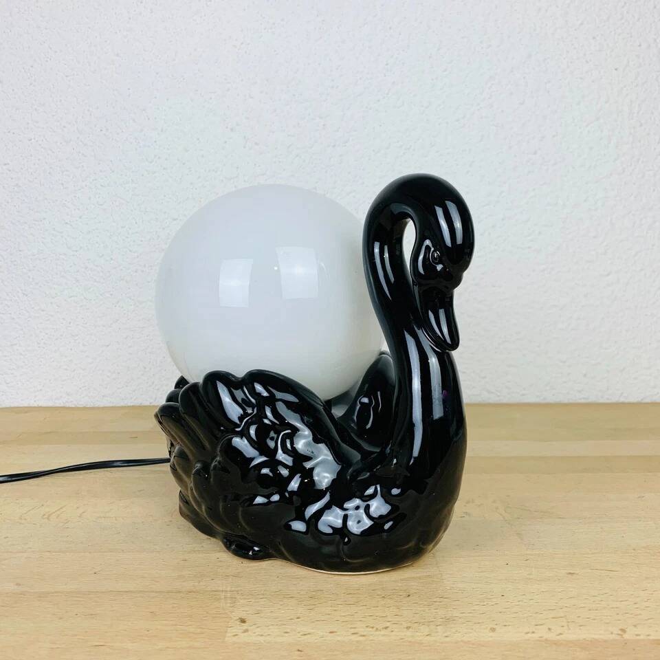 Black ceramic swan lamp with vintage opaline globe