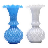 Pair of small vintage opaline vases in white and blue, pineapple decoration.