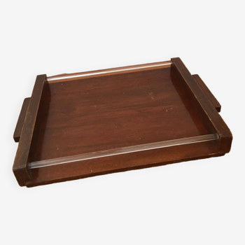 Art-deco style wooden tray and white glass chopsticks