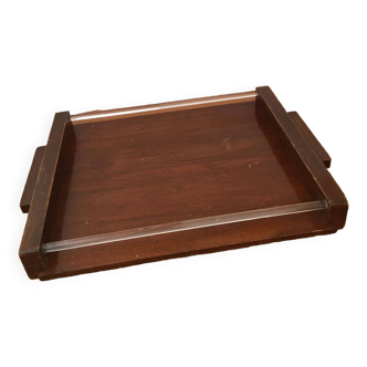 Art-deco style wooden tray and white glass chopsticks