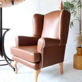 Vintage brown leatherette wingback armchair set, light wood legs, 1960s.
