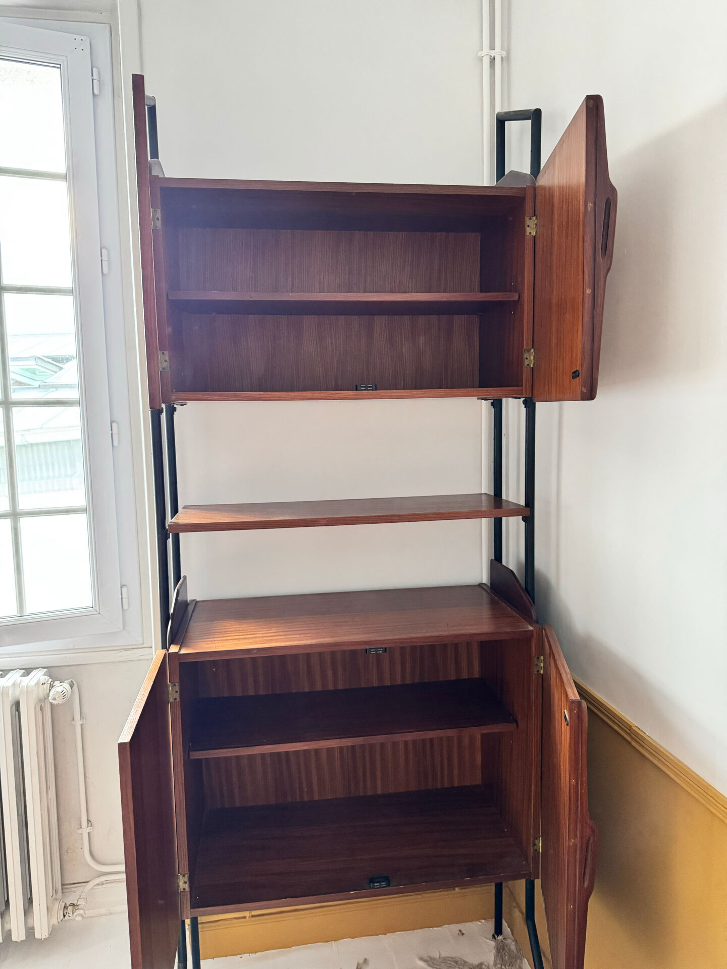 Modular vintage library in teak and black metal — Italian design,