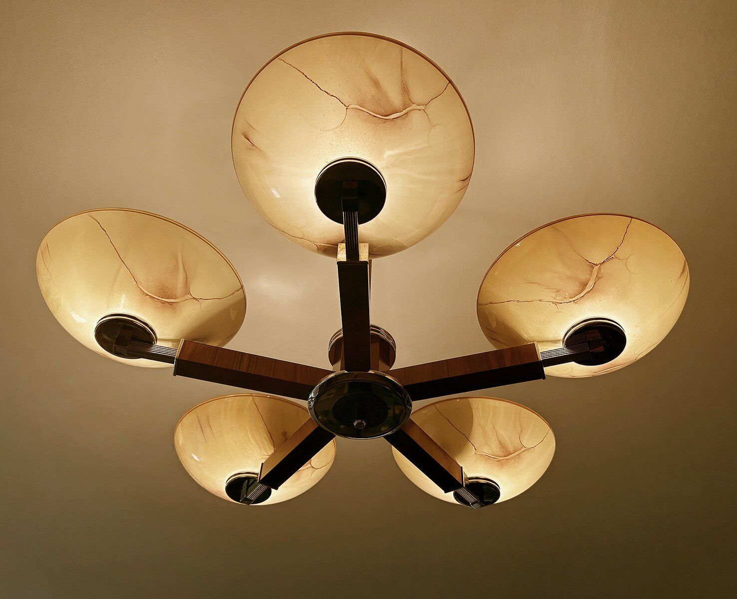 Large Art Deco pendant light in wood and glass, 1930s