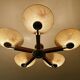 Large Art Deco pendant light in wood and glass, 1930s