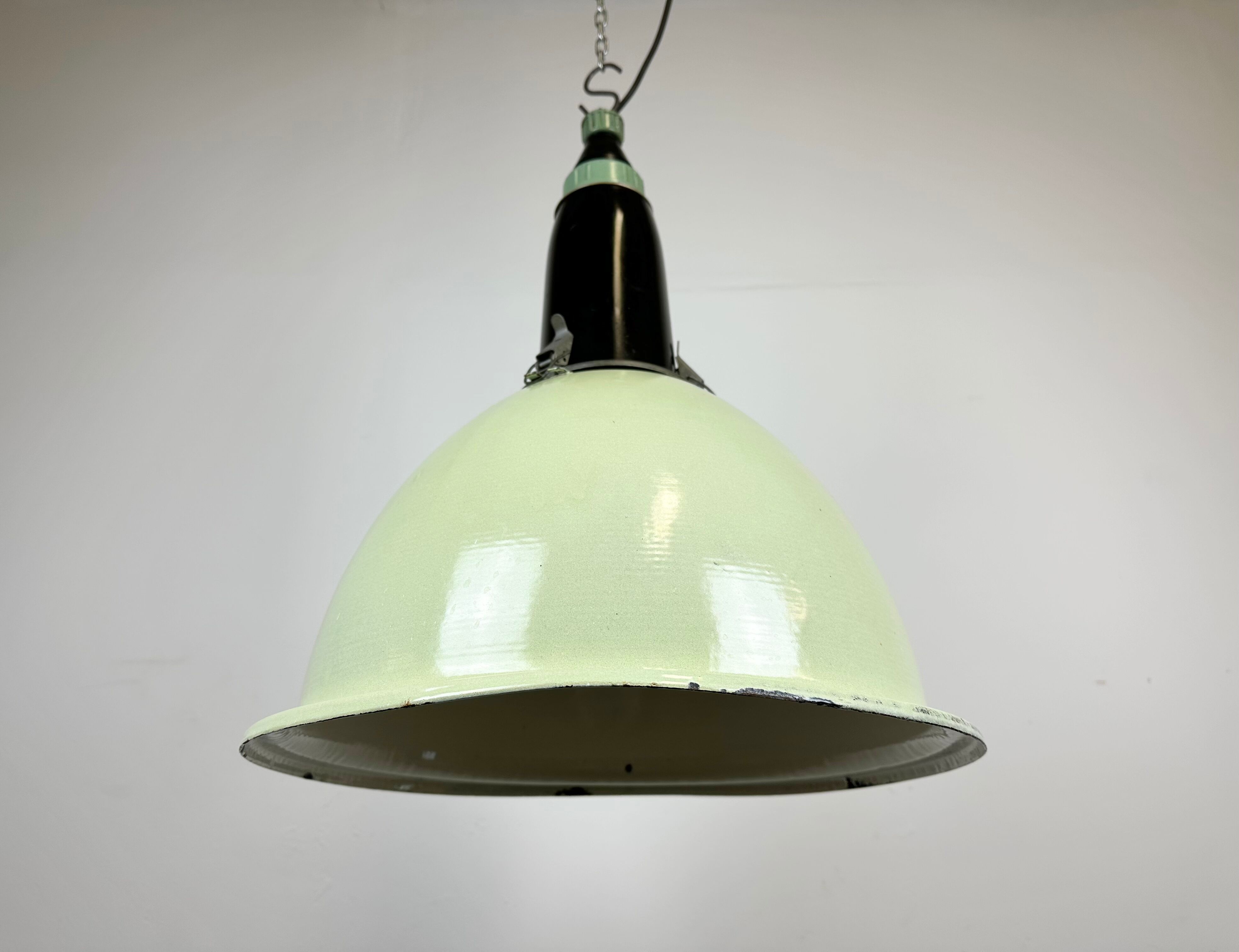 Industrial soviet light green enamel pendant lamp, 1960s