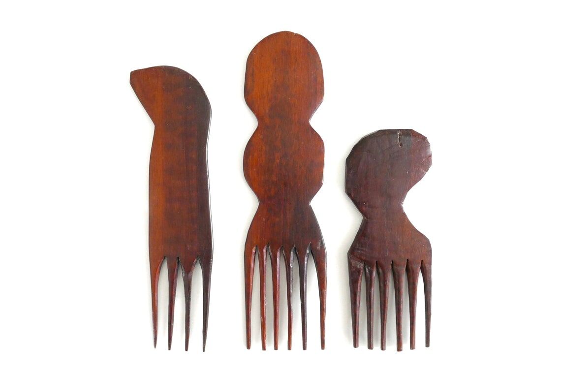 Set de 3 peignes Africains en bois, années 70