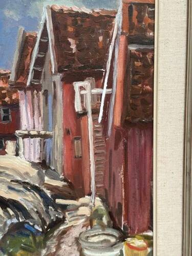 Mid Century Swedish Oil on Canvas “Red Cottages by Coast” Framed 51×59cm