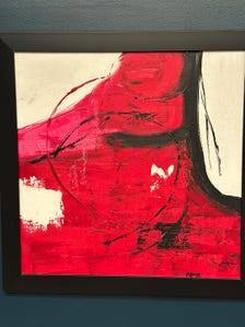 Large Original Swedish Oil on Canvas – “Red Composition” by AMH – Signed – Vintage & Framed