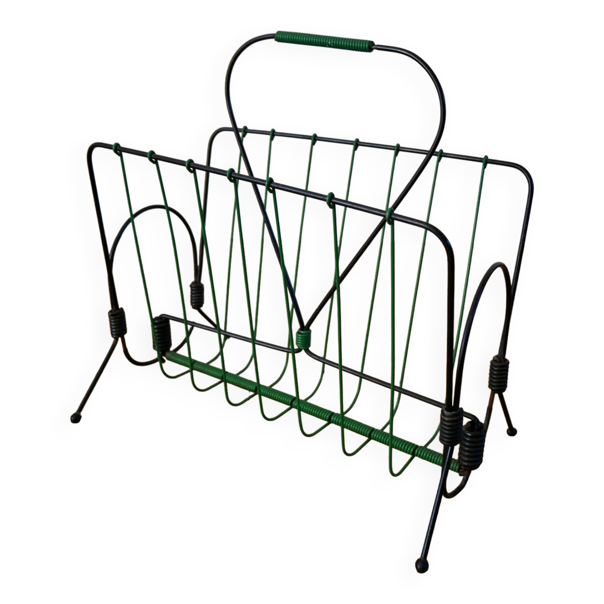 Magazine holder in green scoubidou and black metal from the 60s