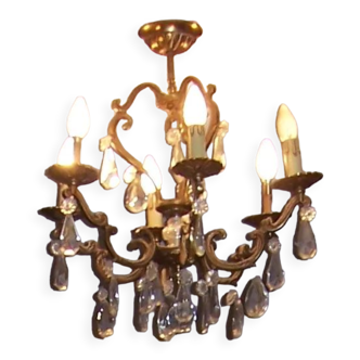 Lustre italien bronze a pampilles cristal 6 branches