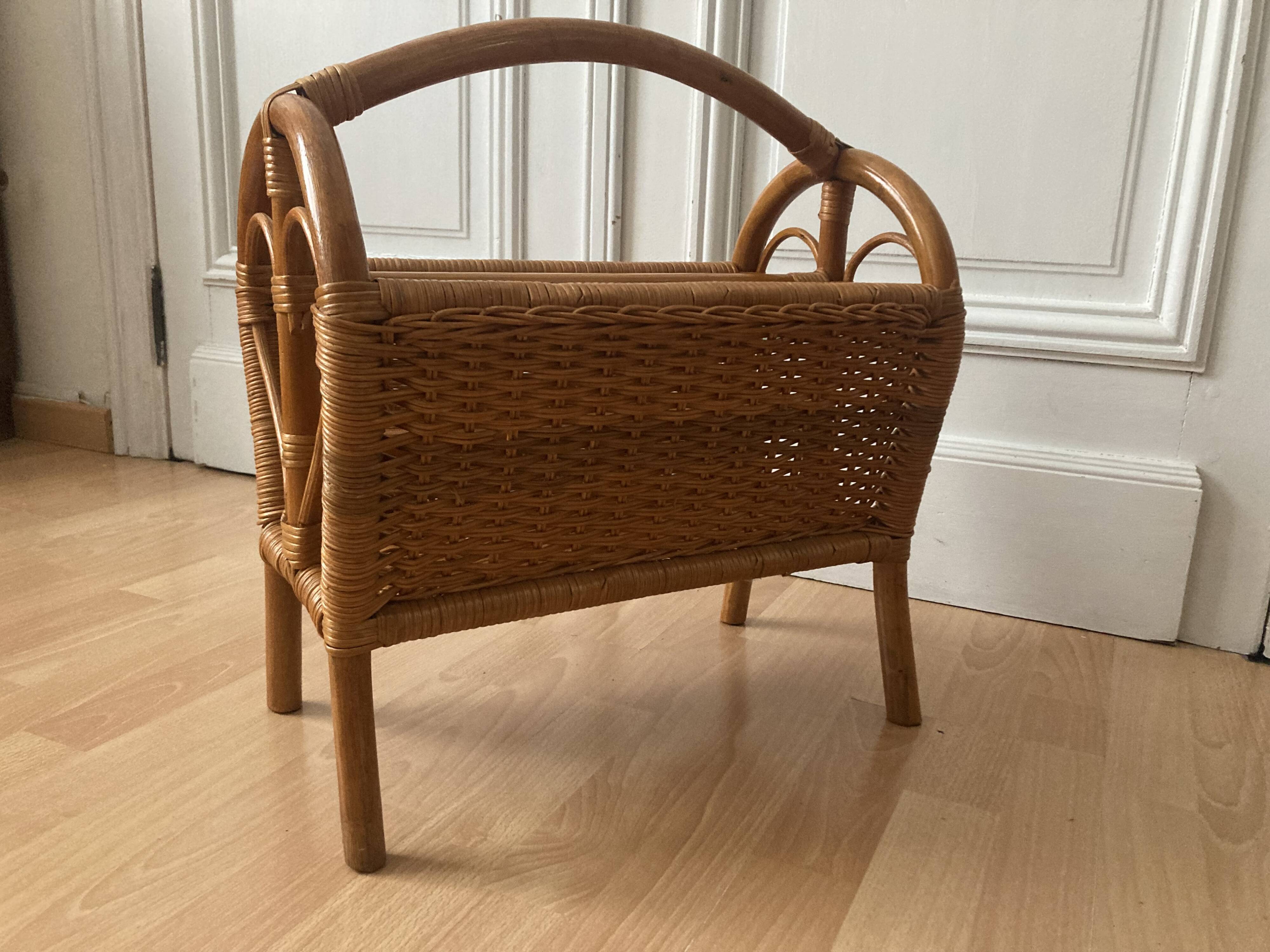 Vintage bamboo rattan magazine holder 70s