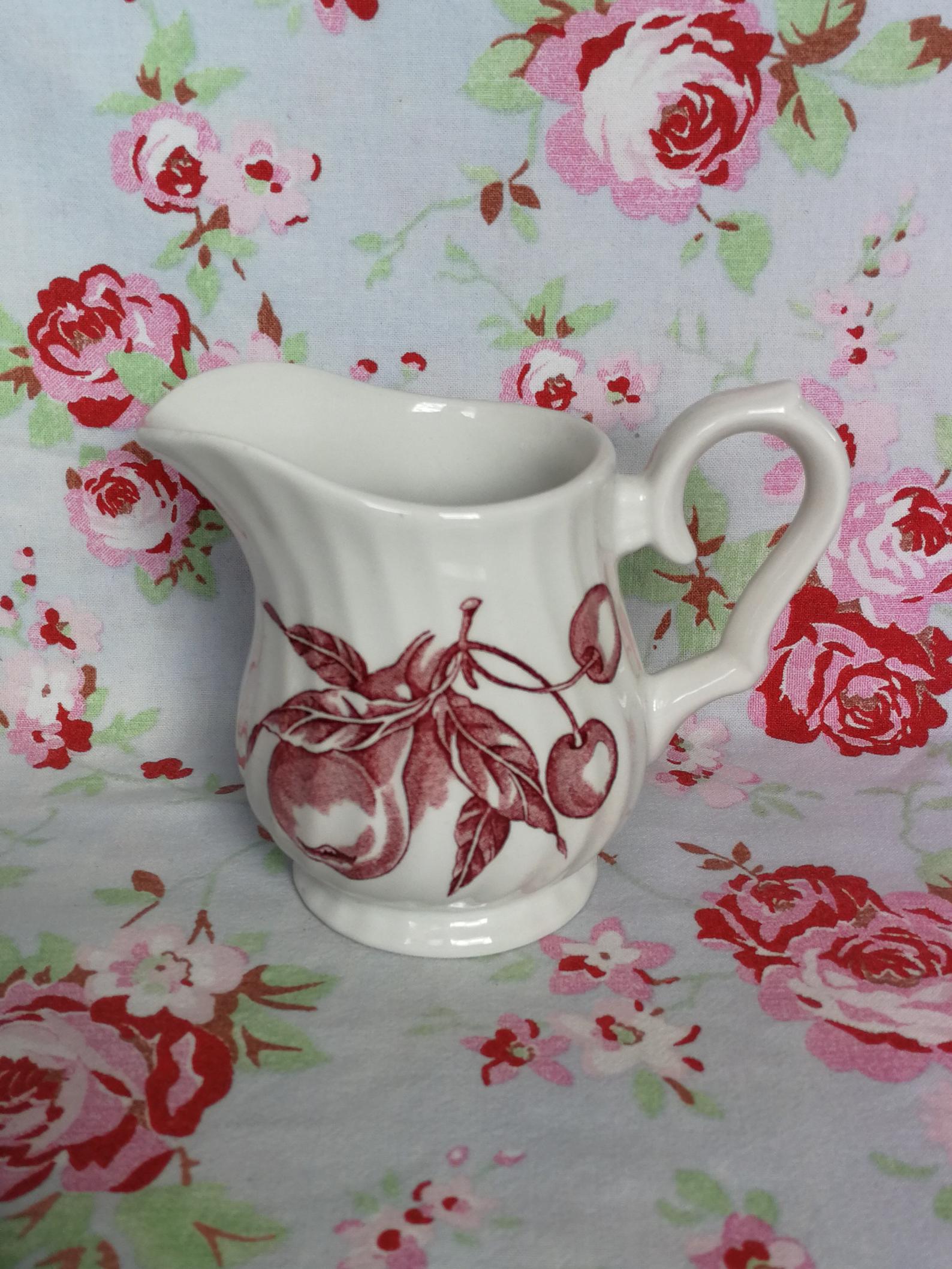 Milk Pitcher Wood & Sounds England, red pear cherry fruit patterns, made in England