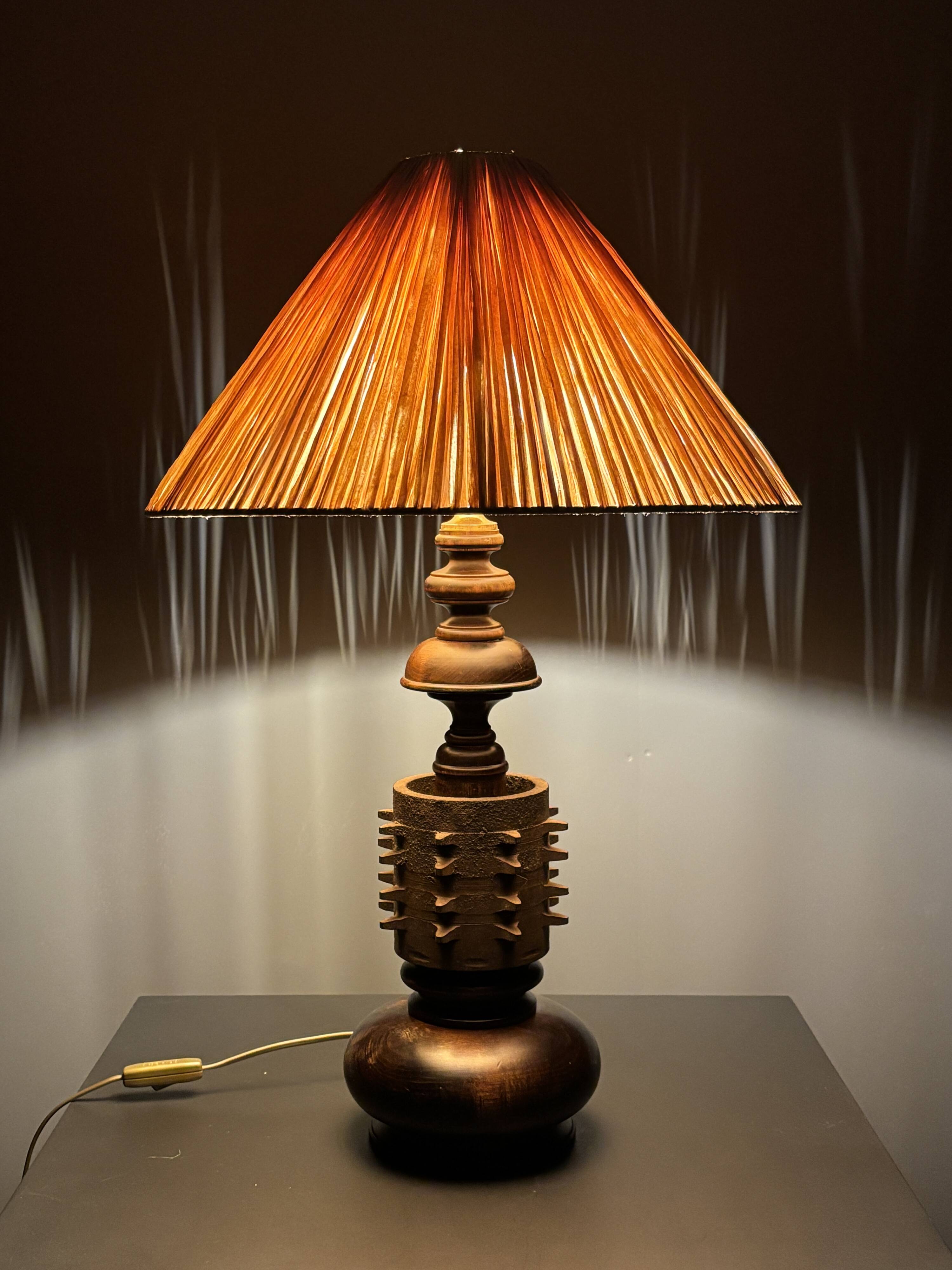 Brutalist wood turned and cast iron large table lamp, 1960s