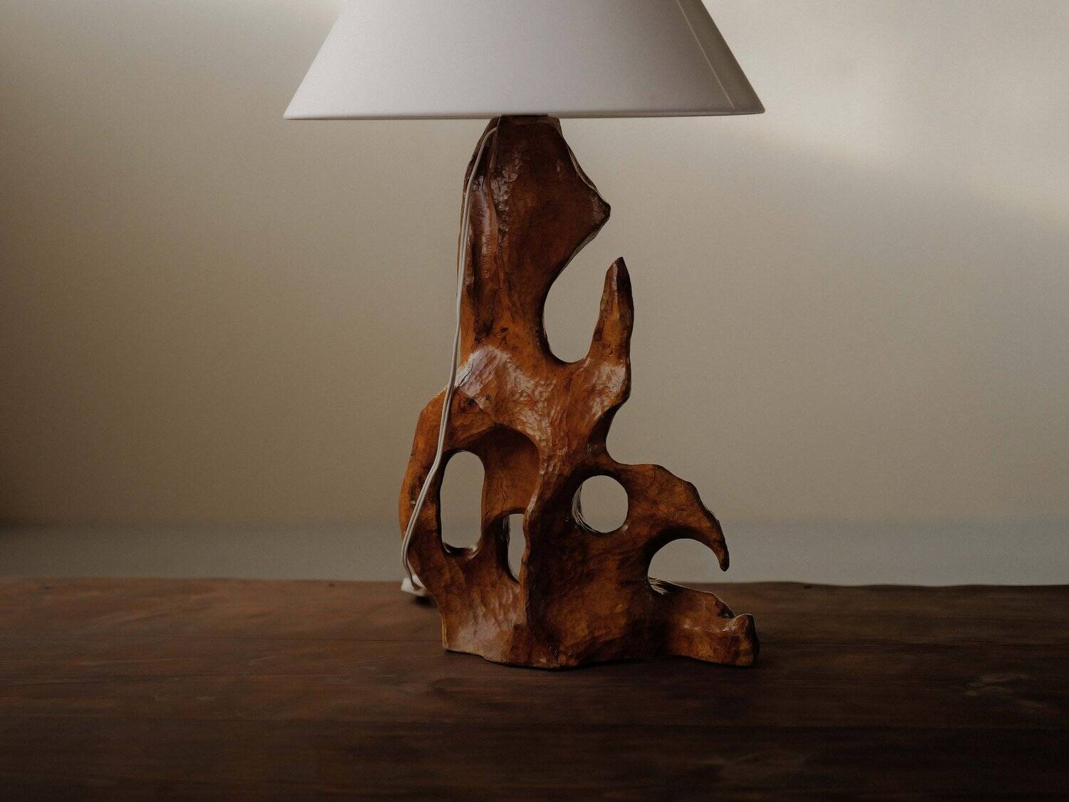 Sculptural lamp in solid olive wood – around 1970