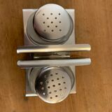 Italian salt and pepper shaker in stainless steel and Alessi glass, 1980