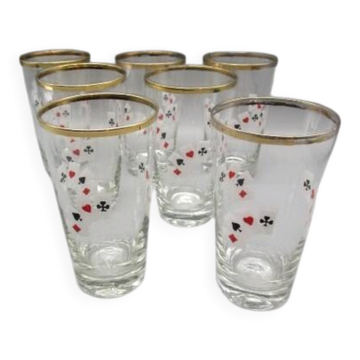 Set of 7 vintage glasses from the 50s/60s - enamelled playing cards