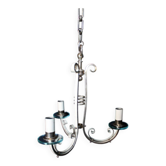 Art Deco chandelier, in brass and glass, 3 lights, 1930s
