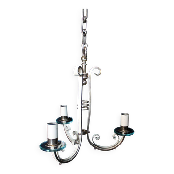 Art Deco three-light chandelier in brass and glass, 1930s